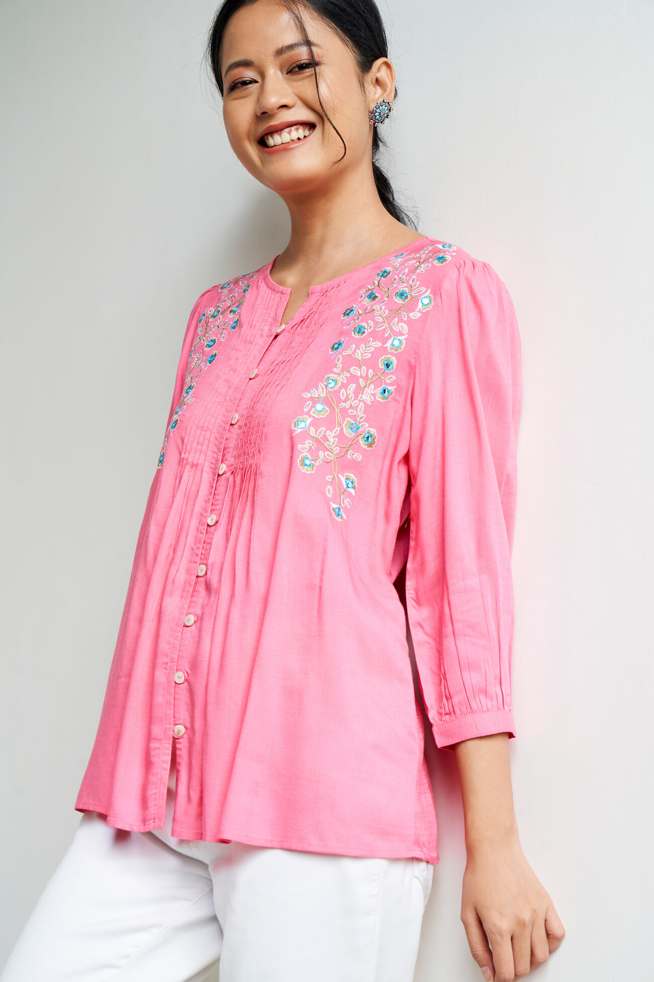 Pink Solid Embroidered Straight Top, Pink, image 1